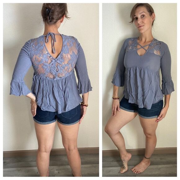 American Eagle Bell Sleeve Top Lace Periwinkle Blue Small Boho - Picture 1 of 9